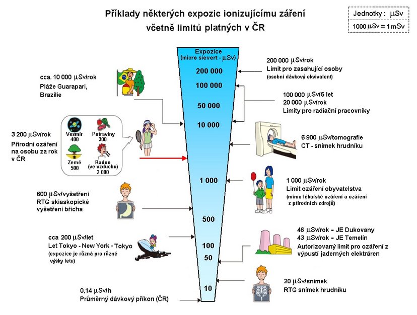 Obrázek s příklady některých expozic ionizujícímu záření včetně limitů platných v ČR
